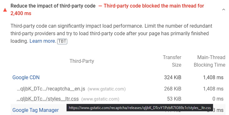 Reduce the impact of third-party code. Google CDN script recaptcha__en.js is 268 KiB but its main-thread blocking time is 1,408ms.