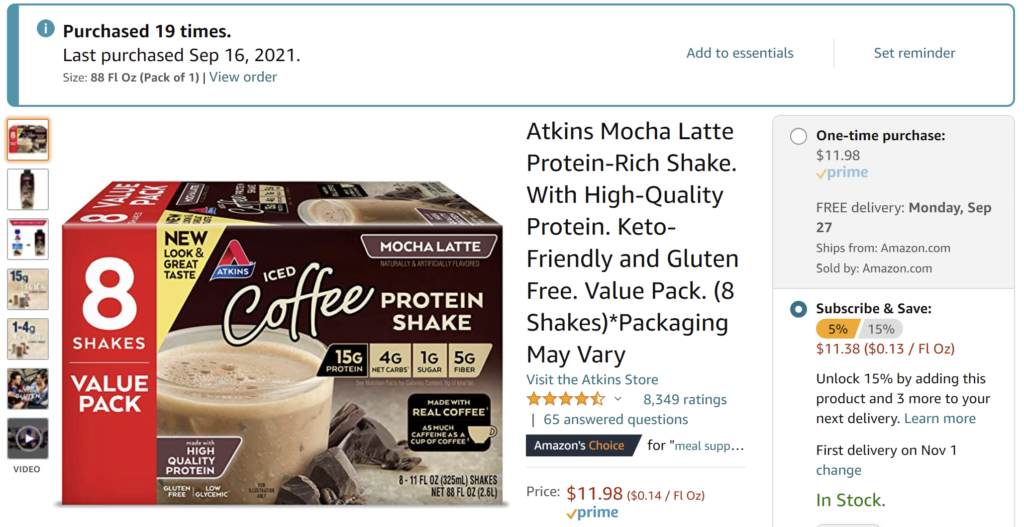 A screenshot of the Atkins Mocha Latte Protein-Rich Shake listing on Amazon with a banner above it that says it was purchased 19 times, last purchased on September 16, 2021.