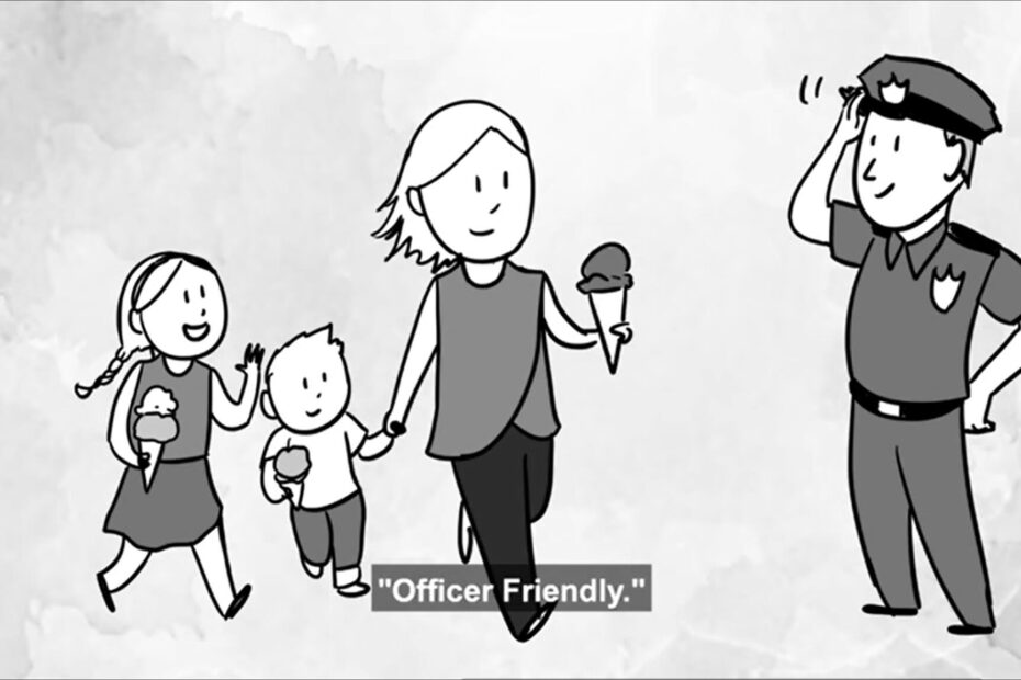 A screenshot from Project NIA's video, 49 seconds in, that depicts a white mother and her two kids with ice cream pleasantly walking past a white policeman in uniform tipping his hat in a friendly greeting.