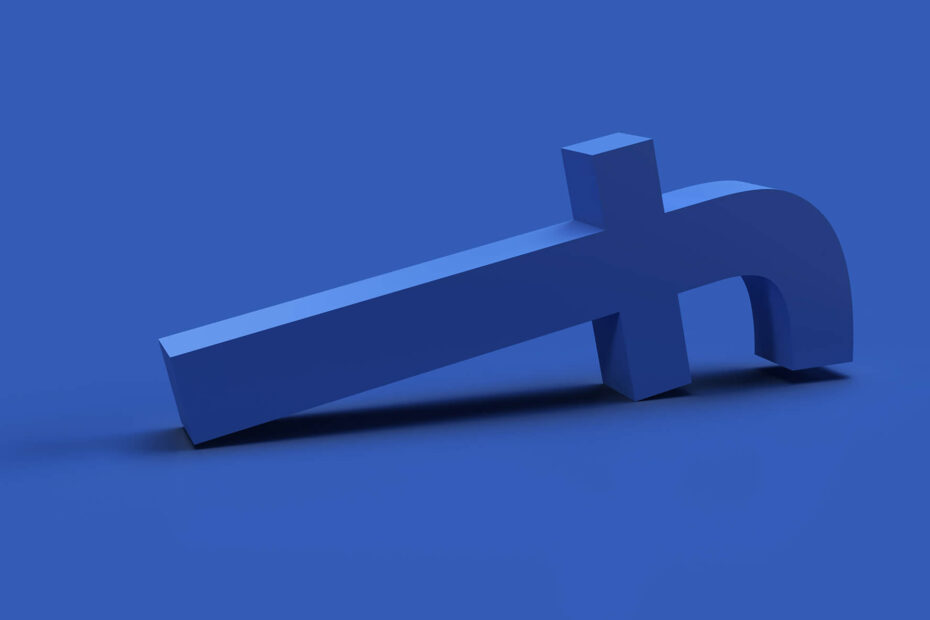 3d render of the blue Facebook symbol, has fallen and is lying on its side.